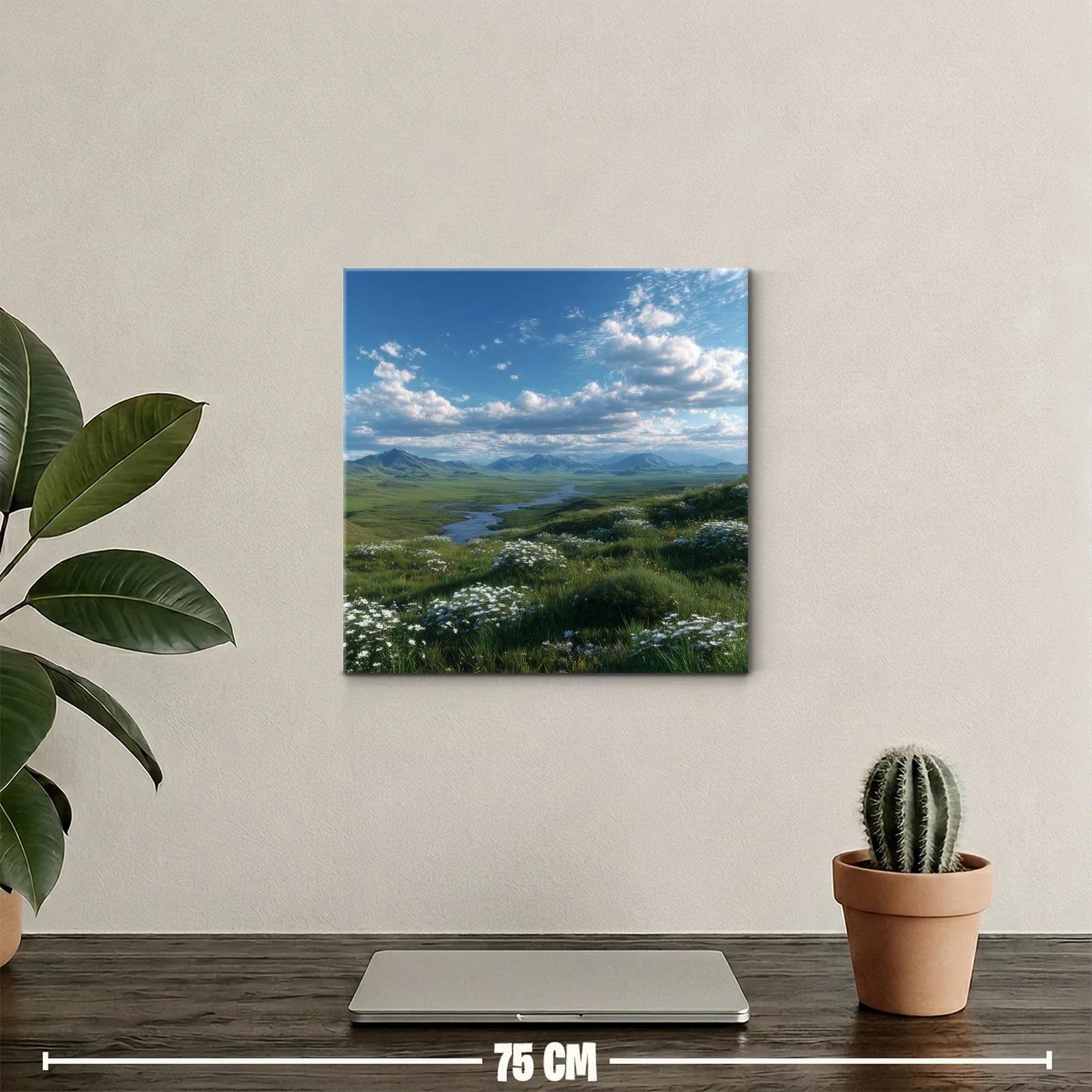 Paisaje campestre con flores blancas y cielo azul — miniatura 2