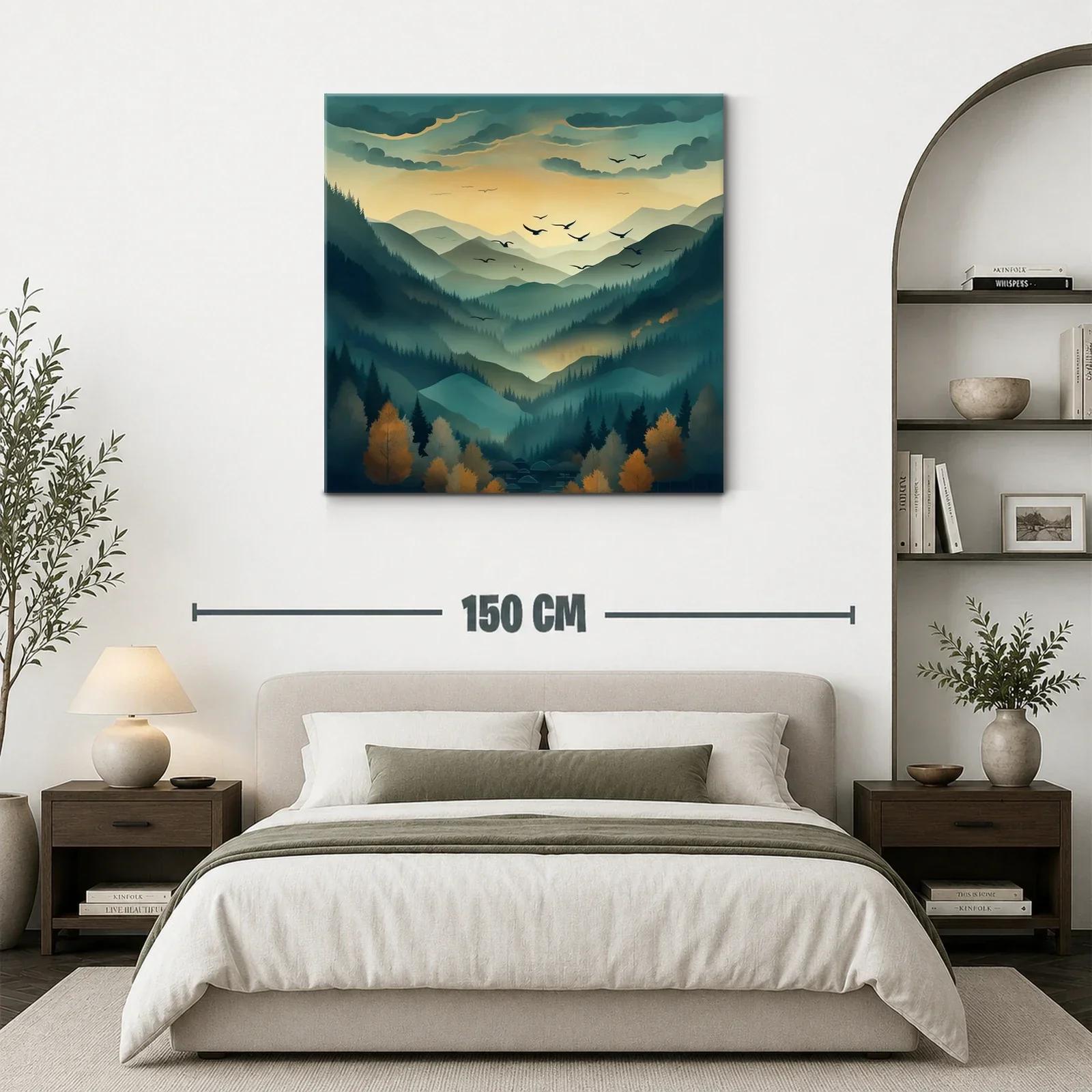 Paisaje de montañas nebulosas al amanecer con aves en vuelo — miniatura 3