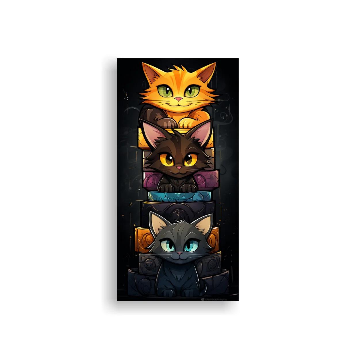 Cuadro tres gatos apilados entre libros — imagen principal