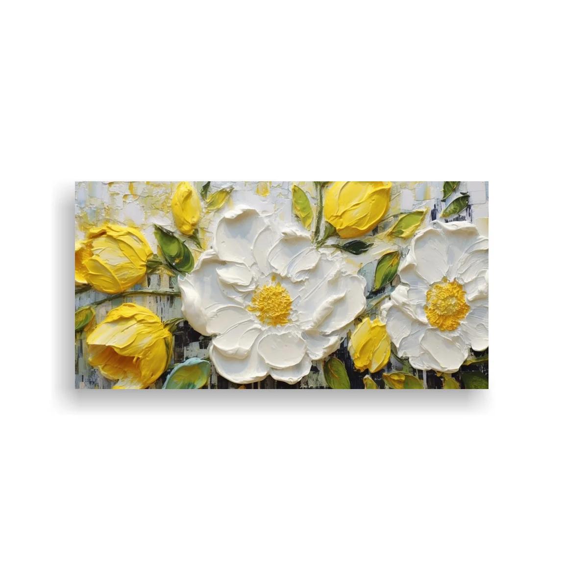 Cuadro rosas blancas y amarillas con pinceladas en relieve