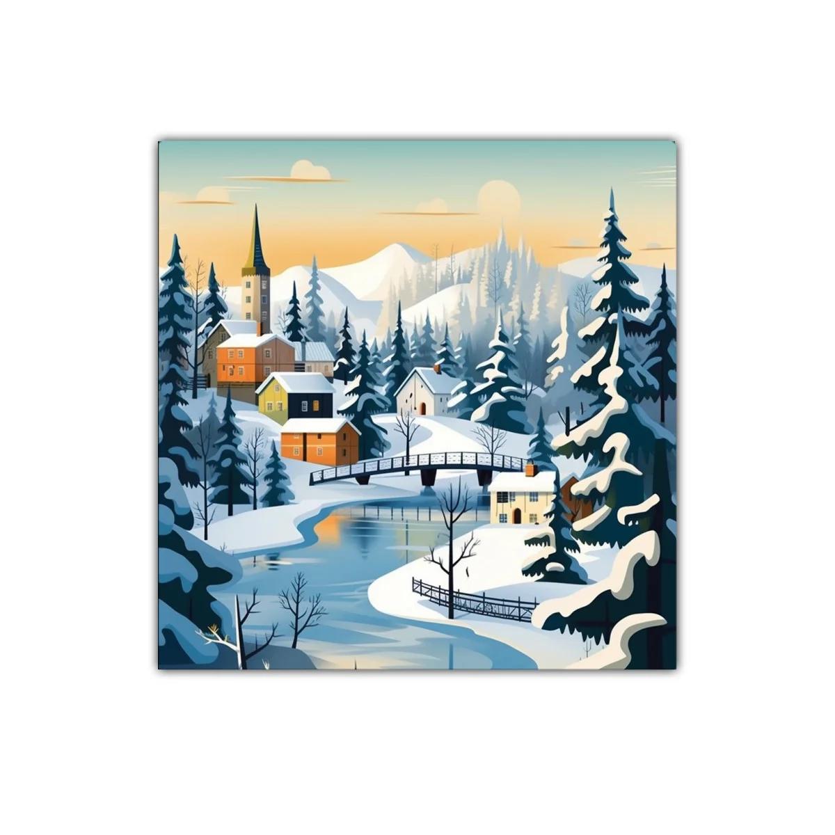 Paisaje invernal con puente y casas de montaña