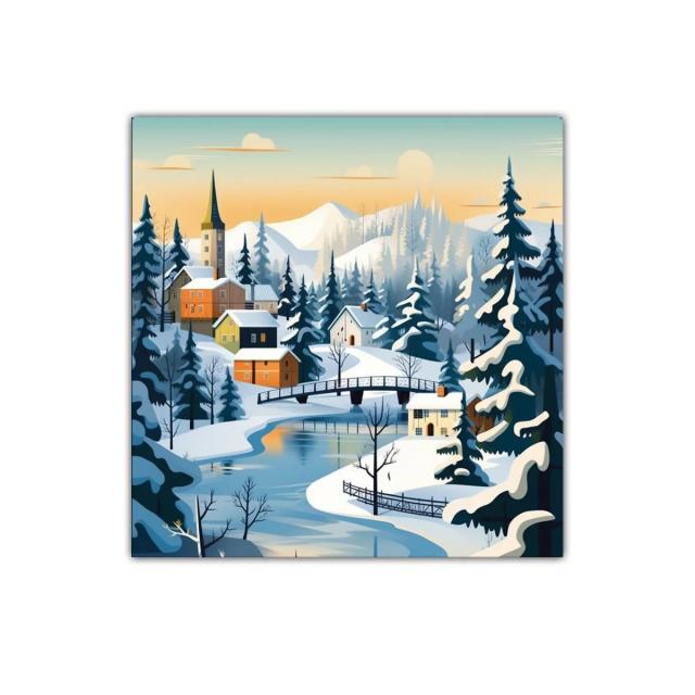 Paisaje invernal con puente y casas de montaña