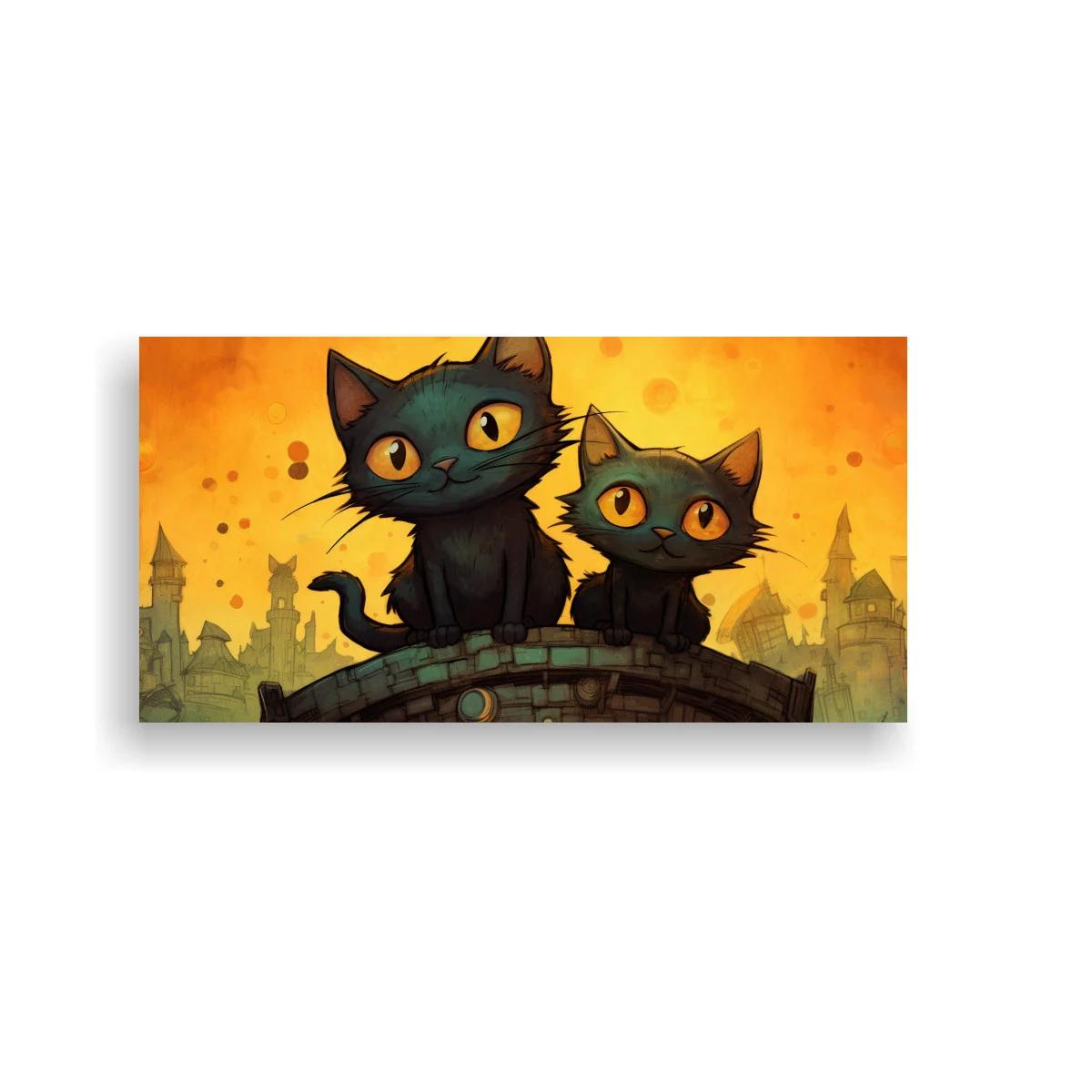 Cuadro dos gatos negros sobre tejado curvo