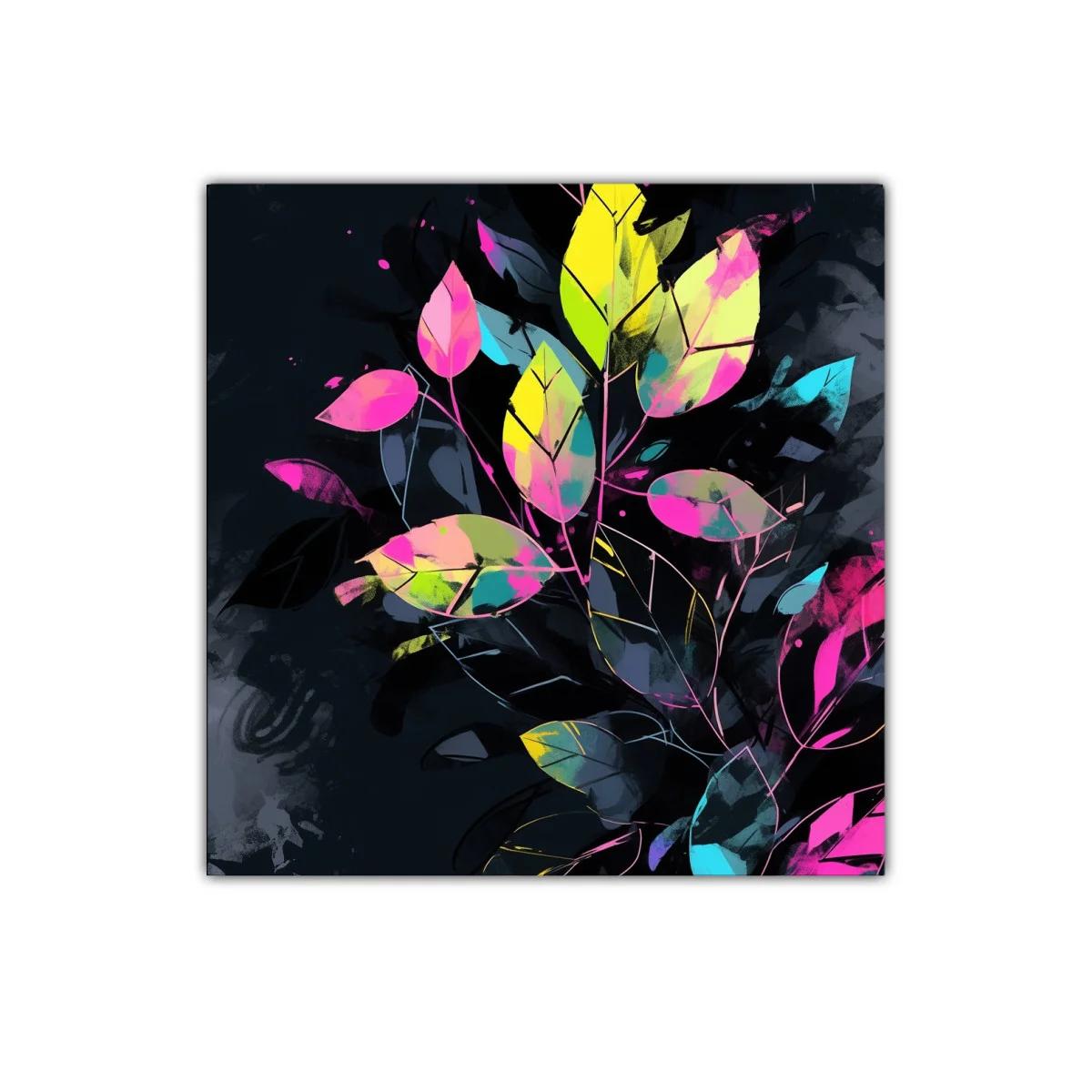 Cuadro decorativo con hojas en tonos neón sobre fondo oscuro — imagen principal