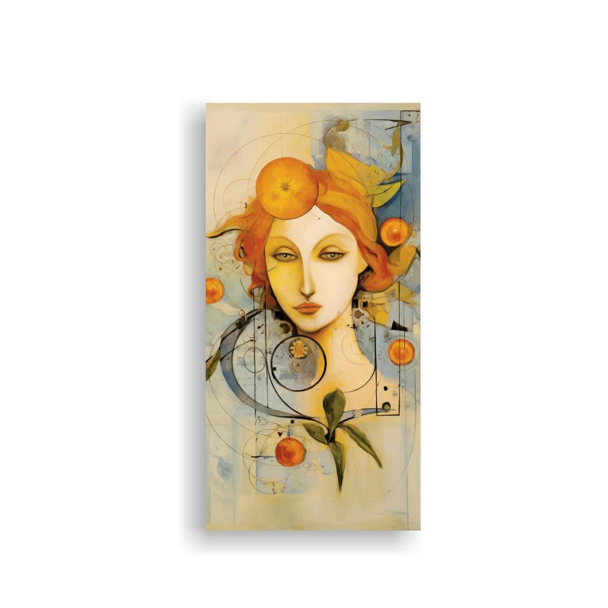 Cuadro rostro femenino con naranjas y hojas