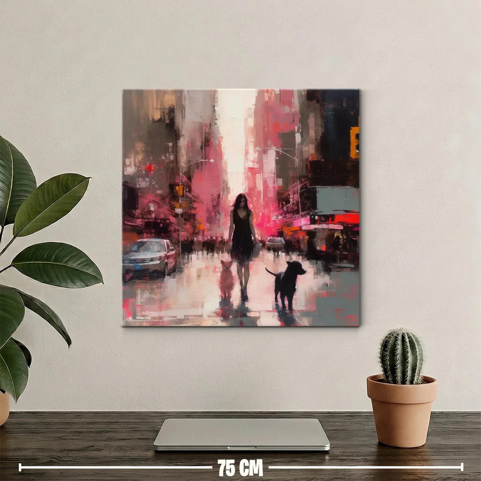 Figura femenina caminando con perros en ciudad vibrante — miniatura 2