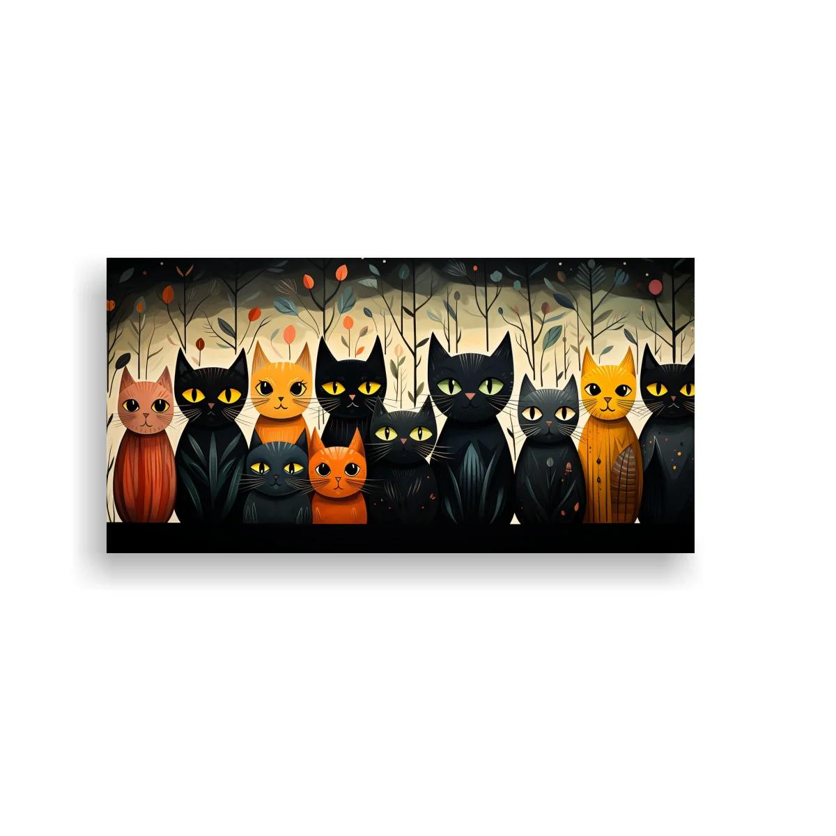 Cuadro grupo de gatos negros y naranjas con bosque de troncos delgados