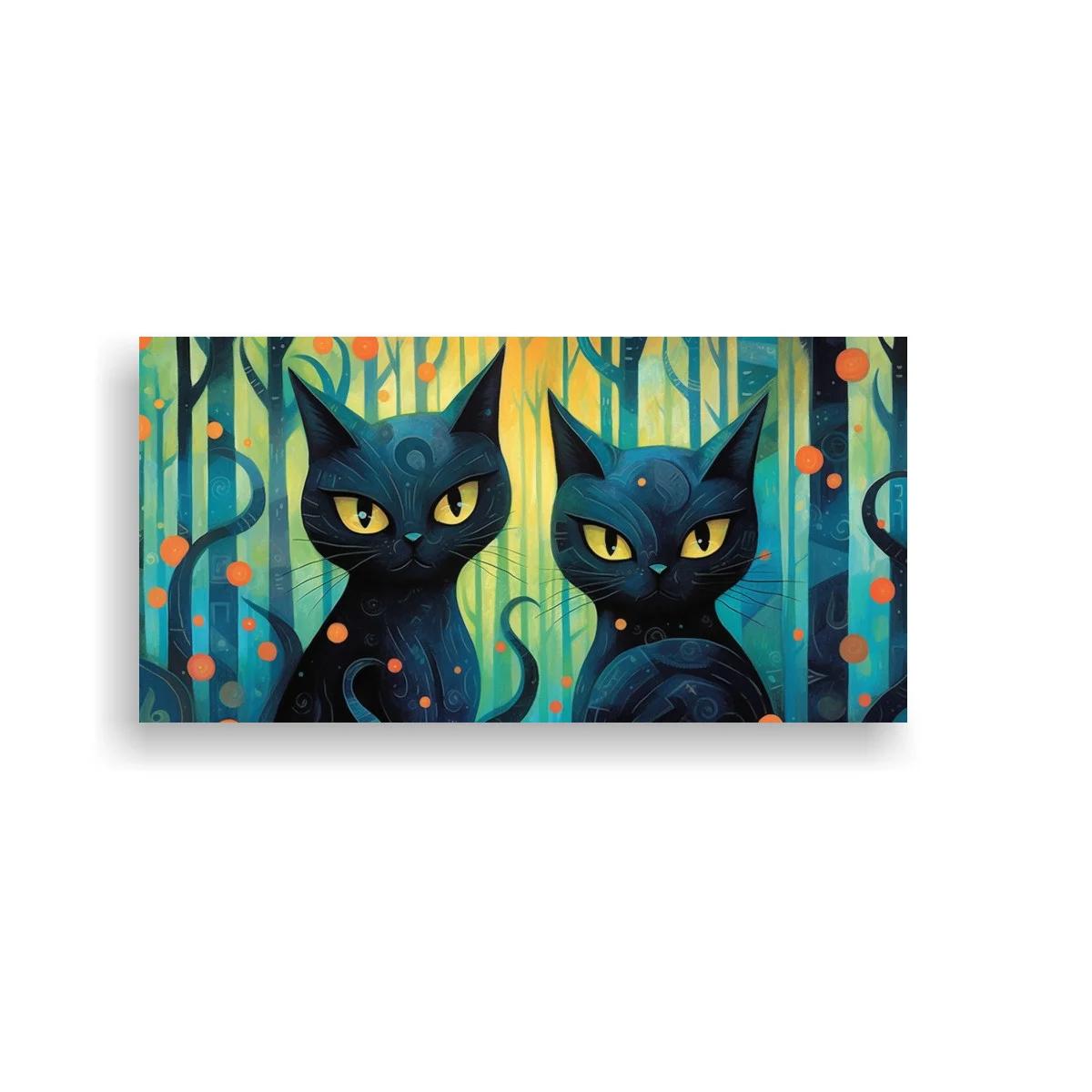 Cuadro dos gatos negros de ojos amarillos y bosque turquesa