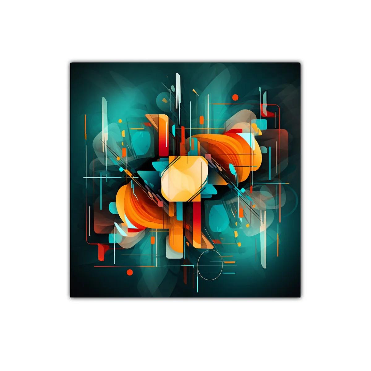 Composición abstracta en tonos turquesa y naranja vibrante