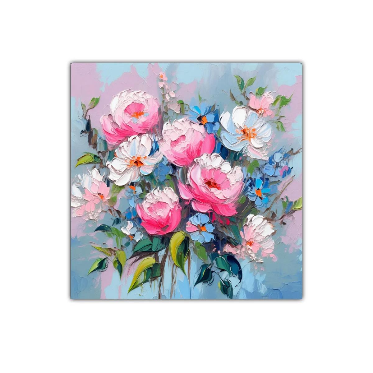 Lienzo con flores en tonos rosados y azules relajantes