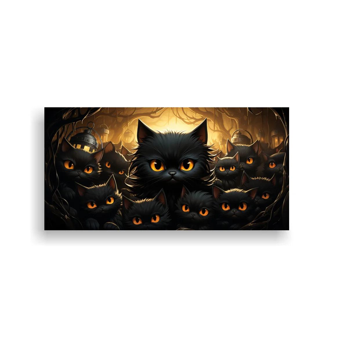 Cuadro gatos negros con ojos naranjas en cueva con telarañas
