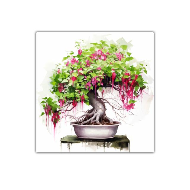 Bonsái con flores rosas y follaje verde vibrante