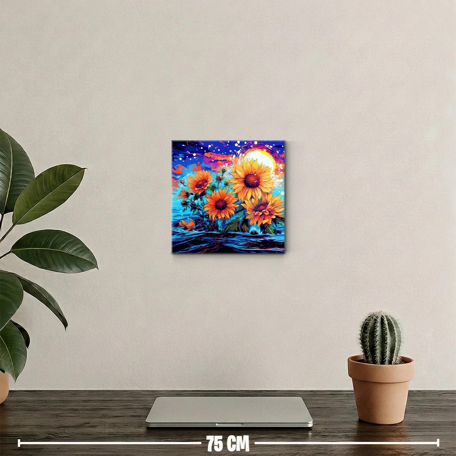 Cuadro vibrante de girasoles con fondo azul y naranja — miniatura 2