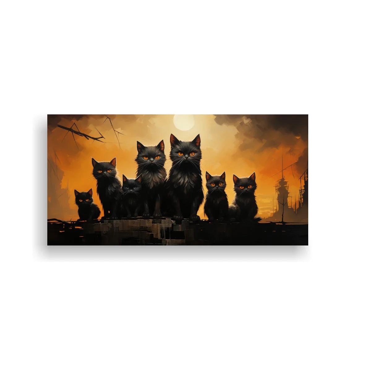 Cuadro grupo de gatos negros con cielo dramático — imagen principal