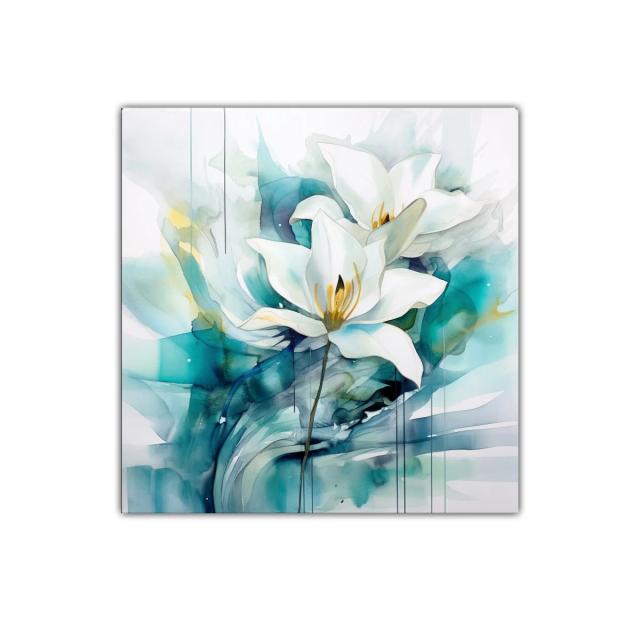 Cuadro decorativo con elegante flor blanca y tonos azules