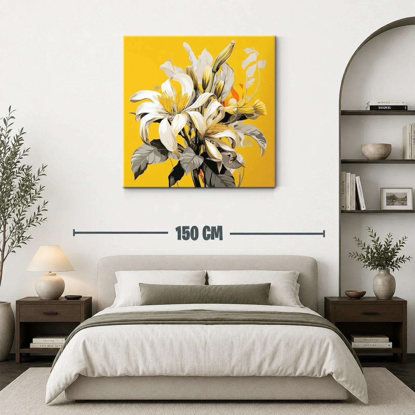 Cuadro floral con lirios blancos sobre fondo amarillo vibrante — miniatura 3