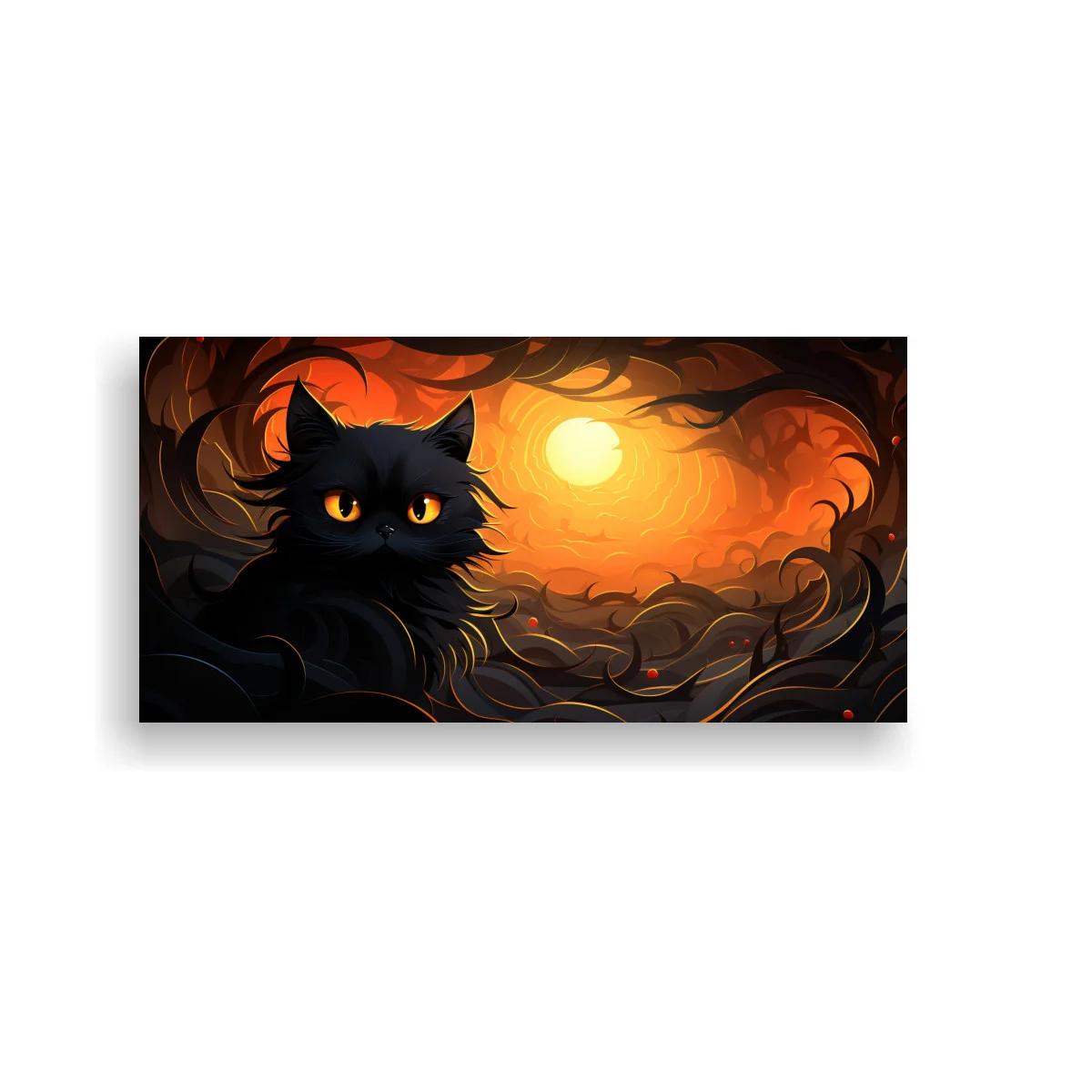 Cuadro gato negro de ojos amarillos con luna y ramas curvas