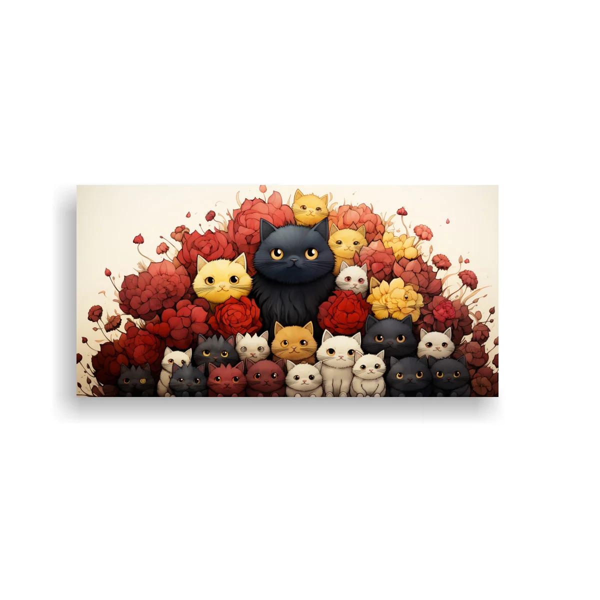 Cuadro grupo de gatos entre flores rojas y amarillas — imagen principal