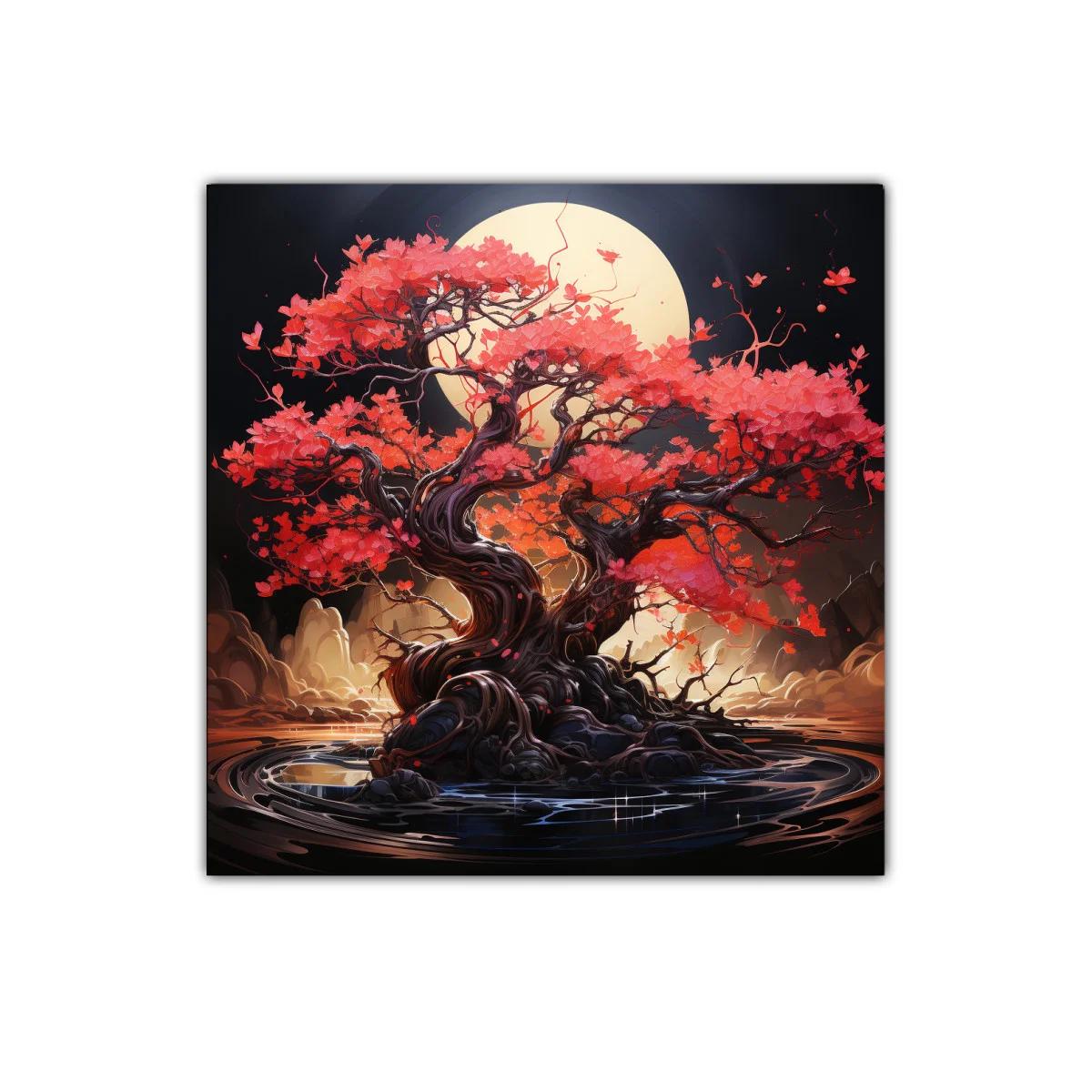 Árbol de hojas rojas bajo luna llena