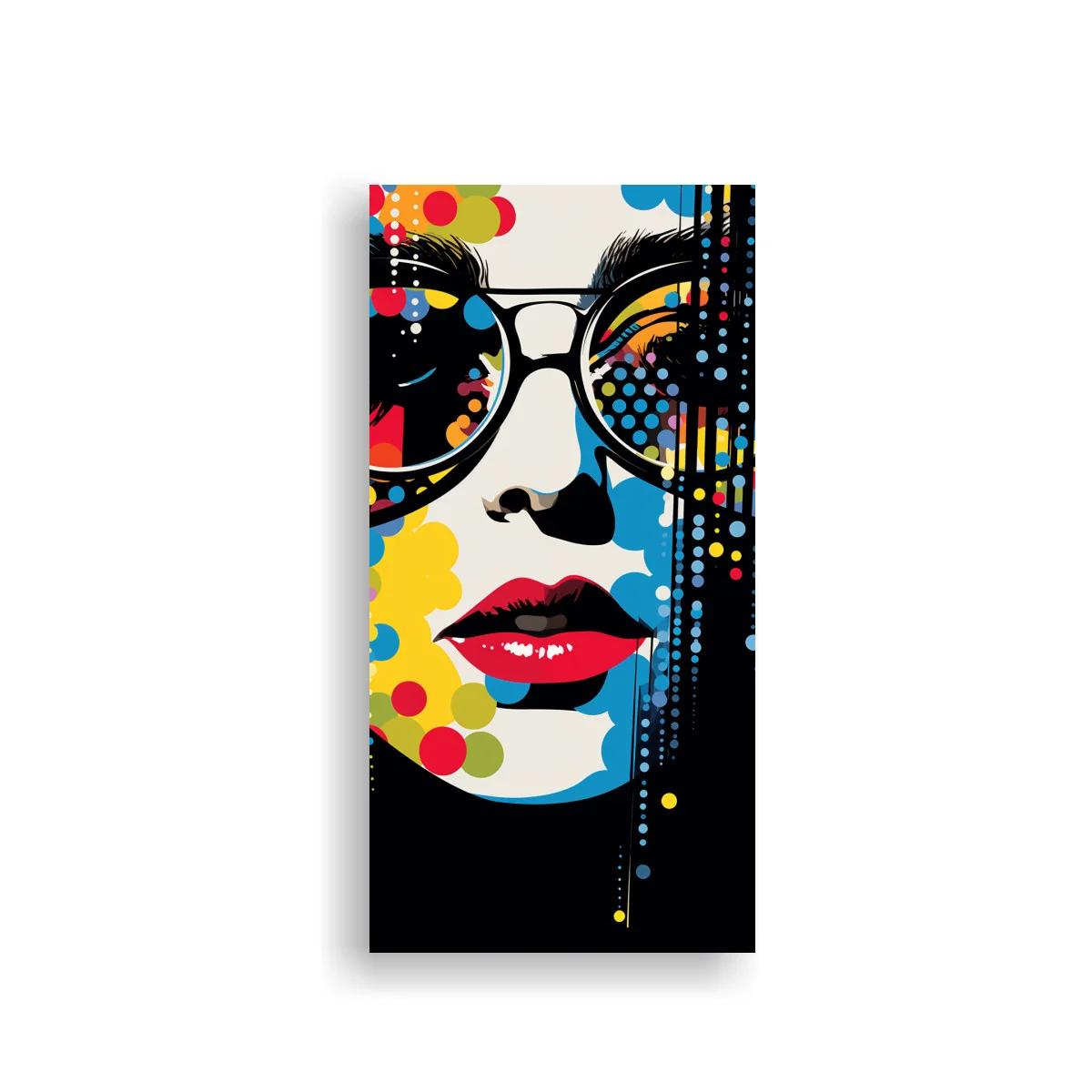 Cuadro rostro femenino con gafas de sol redondas y puntos de color