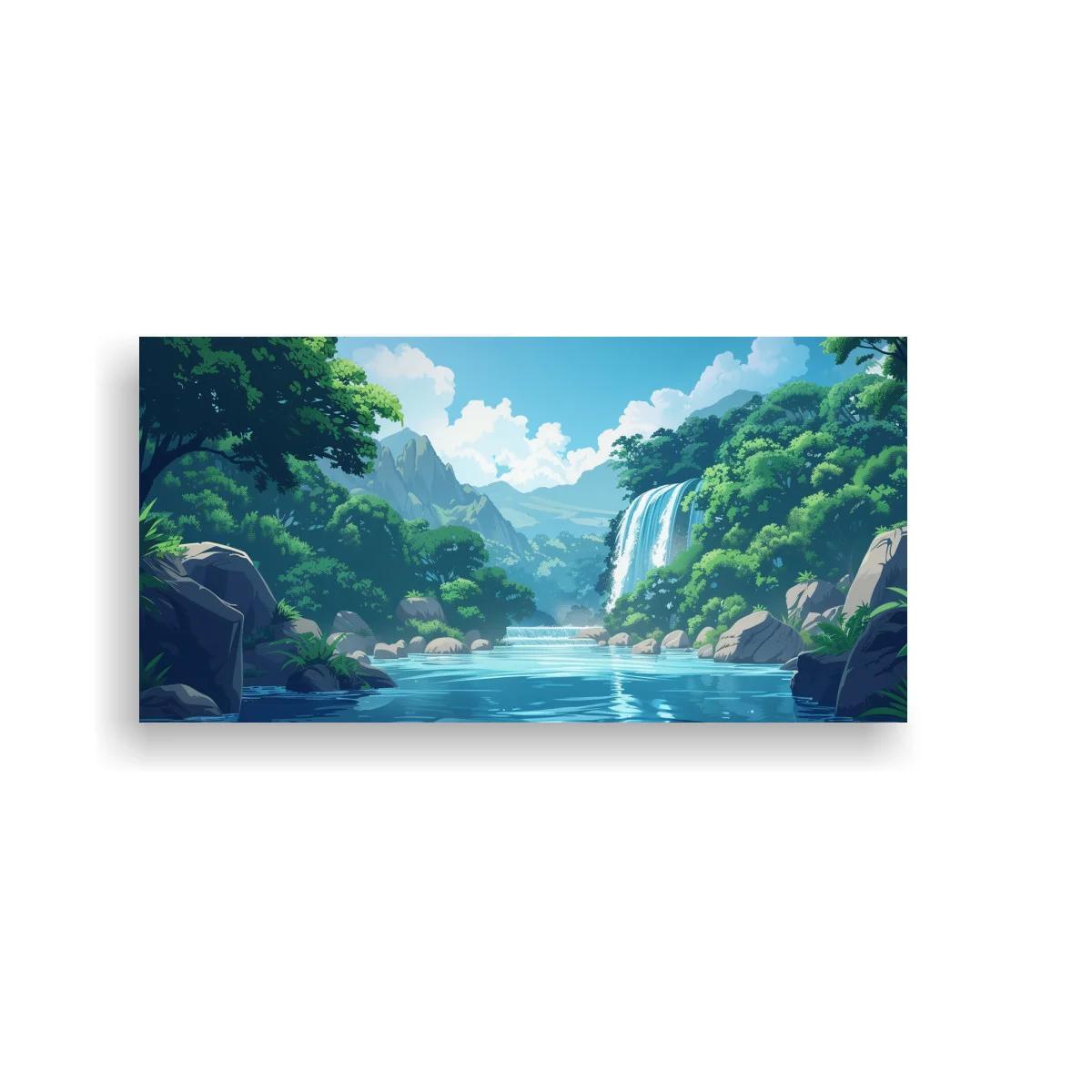 Cuadro cascada tropical con río y montañas