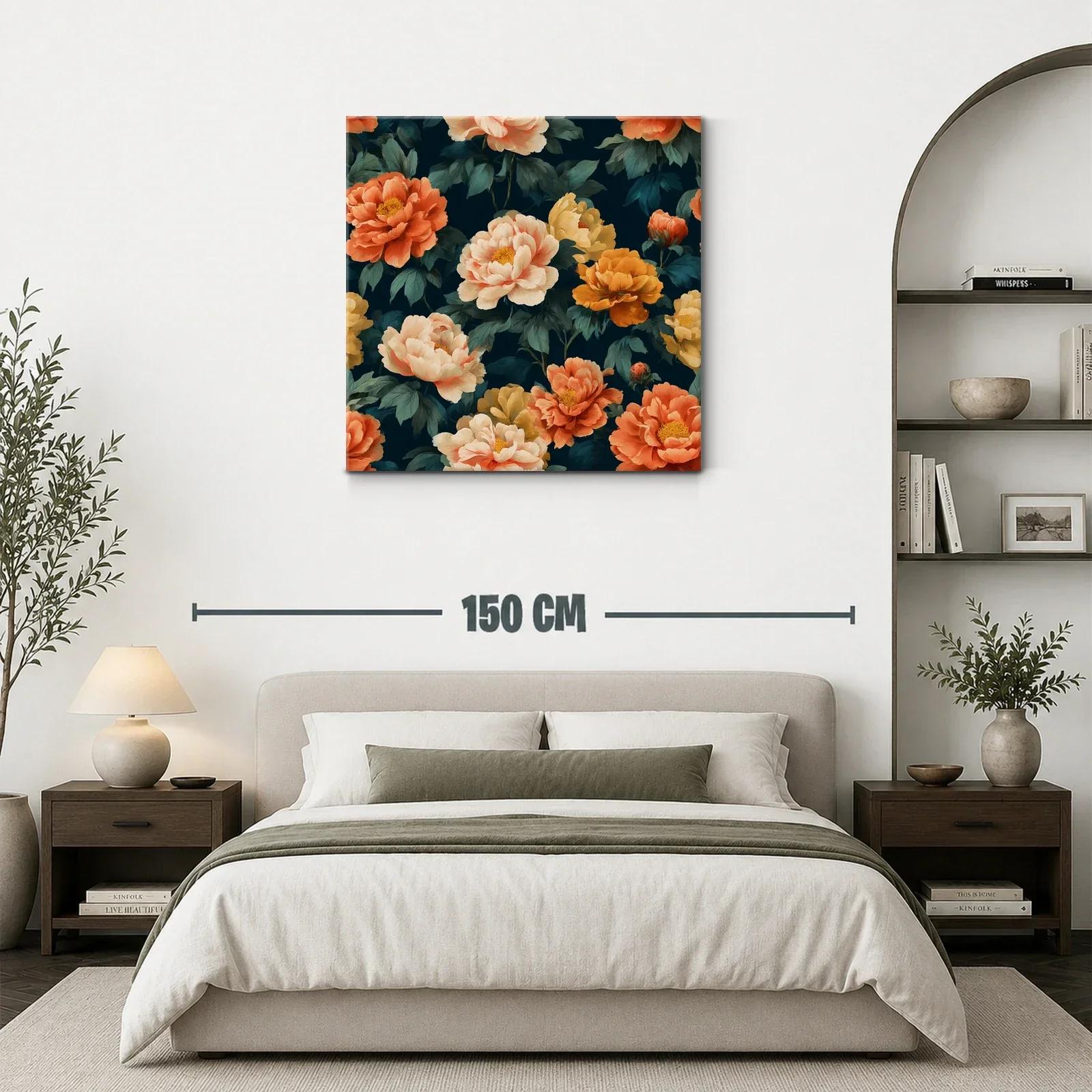 Cuadro floral con peonías en tonos cálidos y fondo oscuro — miniatura 3