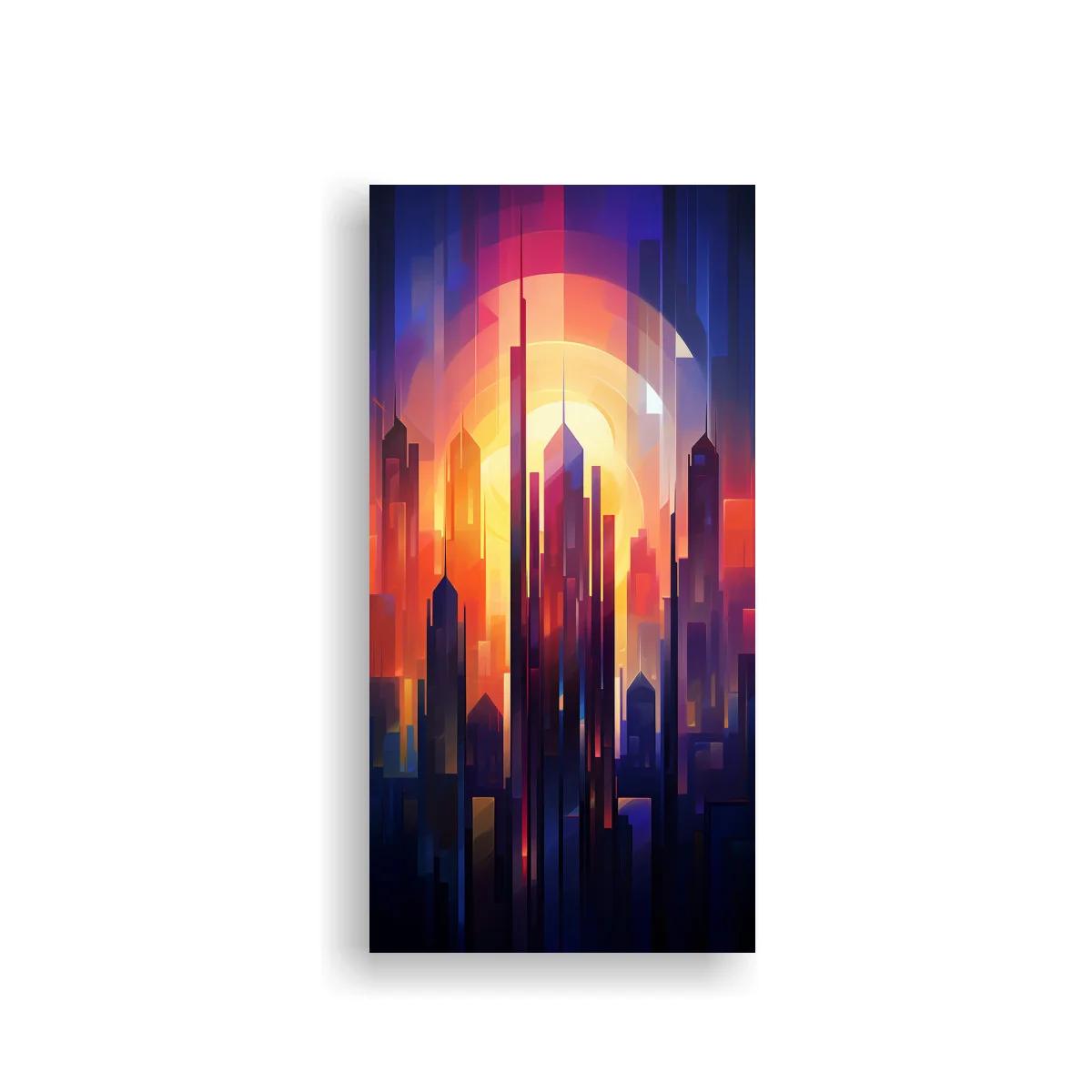 Cuadro skyline de rascacielos con gran sol resplandeciente