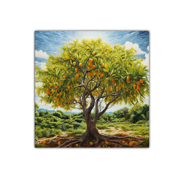 Árbol frutal con naranjas bajo un cielo azul vibrante