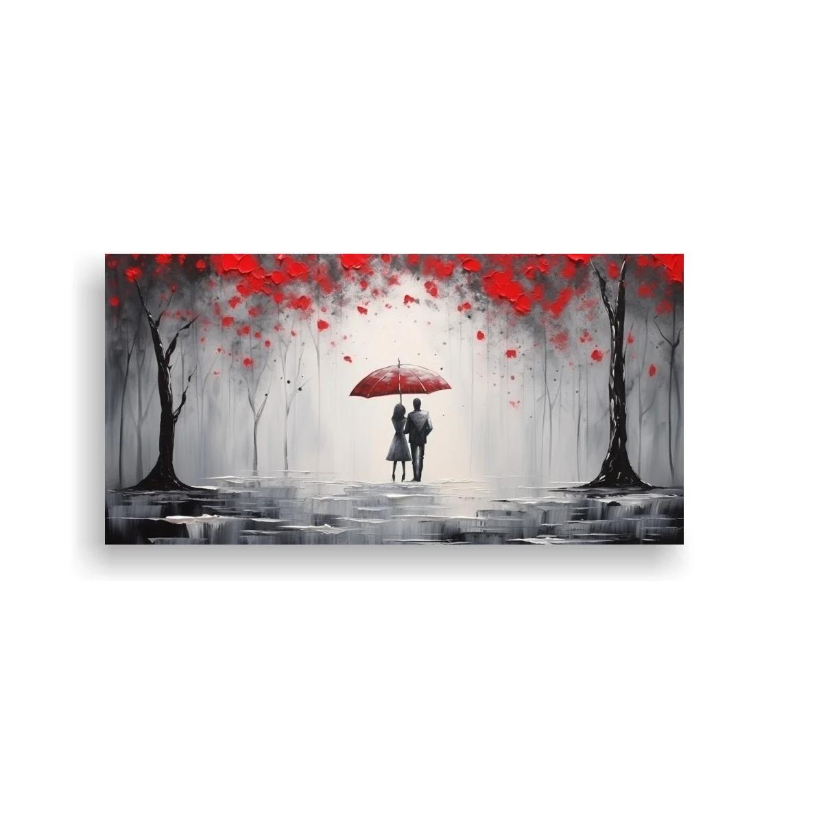 Cuadro pareja bajo paraguas rojo en paisaje de árboles oscuros — imagen principal