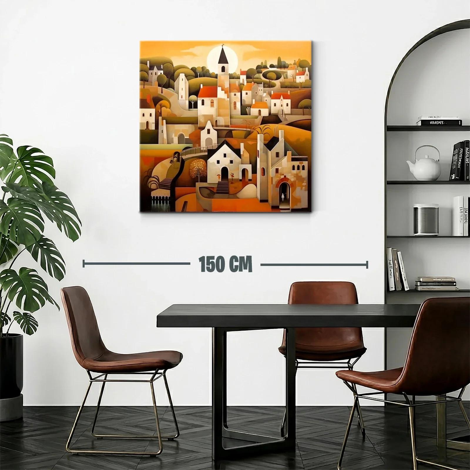 Paisaje urbano con casas y campanario al atardecer — miniatura 2