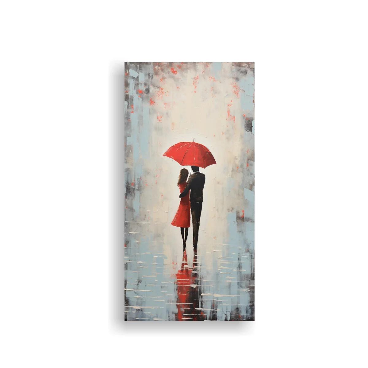 Cuadro pareja bajo paraguas rojo con reflejo mojado