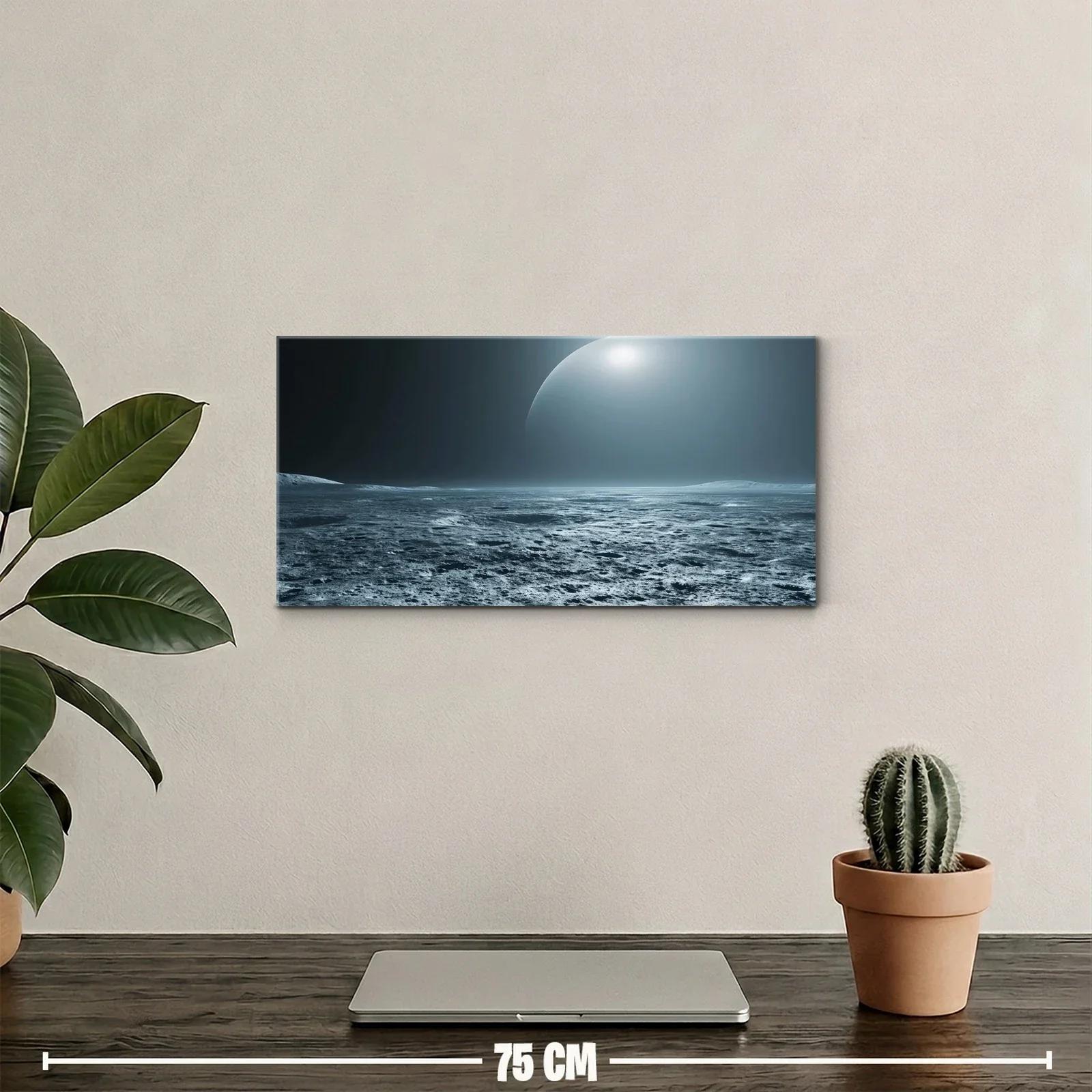 Cuadro planeta sobre paisaje lunar con horizonte luminoso — miniatura 2