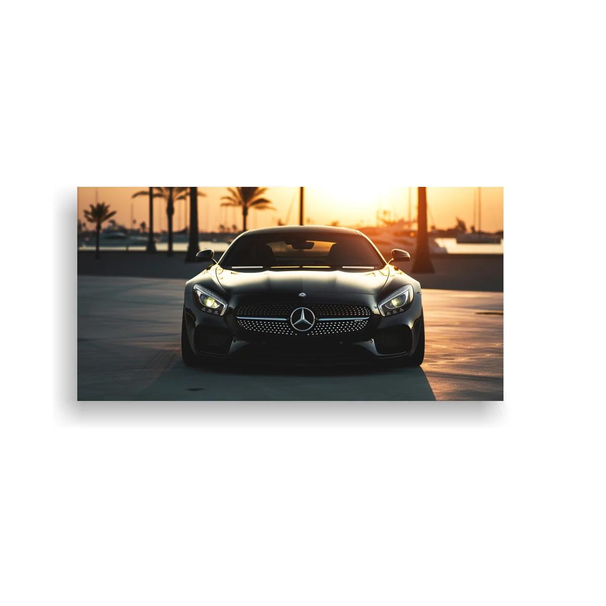 Cuadro coche deportivo Mercedes-Benz negro con contraluz de atardecer