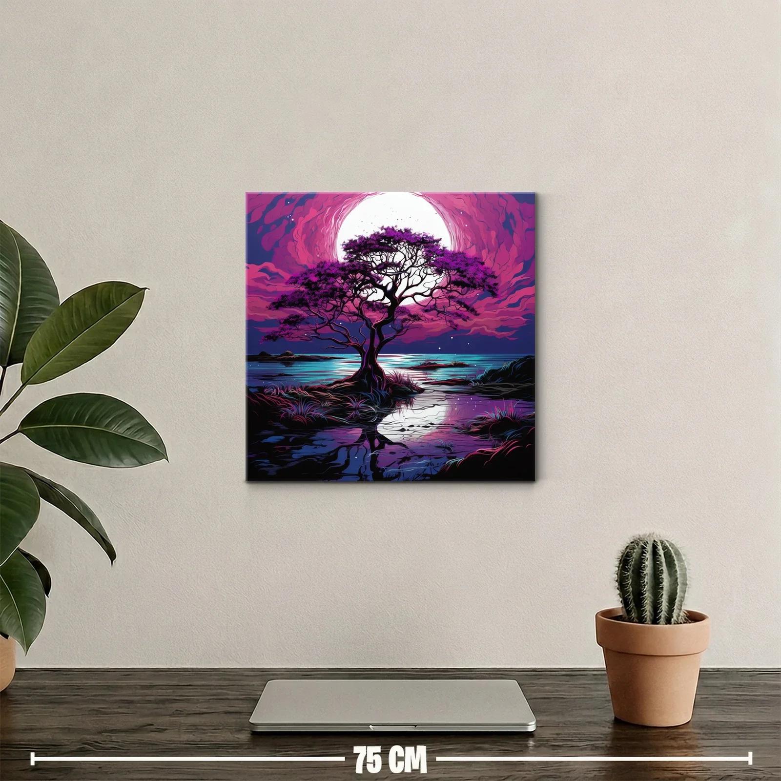 Árbol solitario bajo la luna en tonos morados y azules — miniatura 2