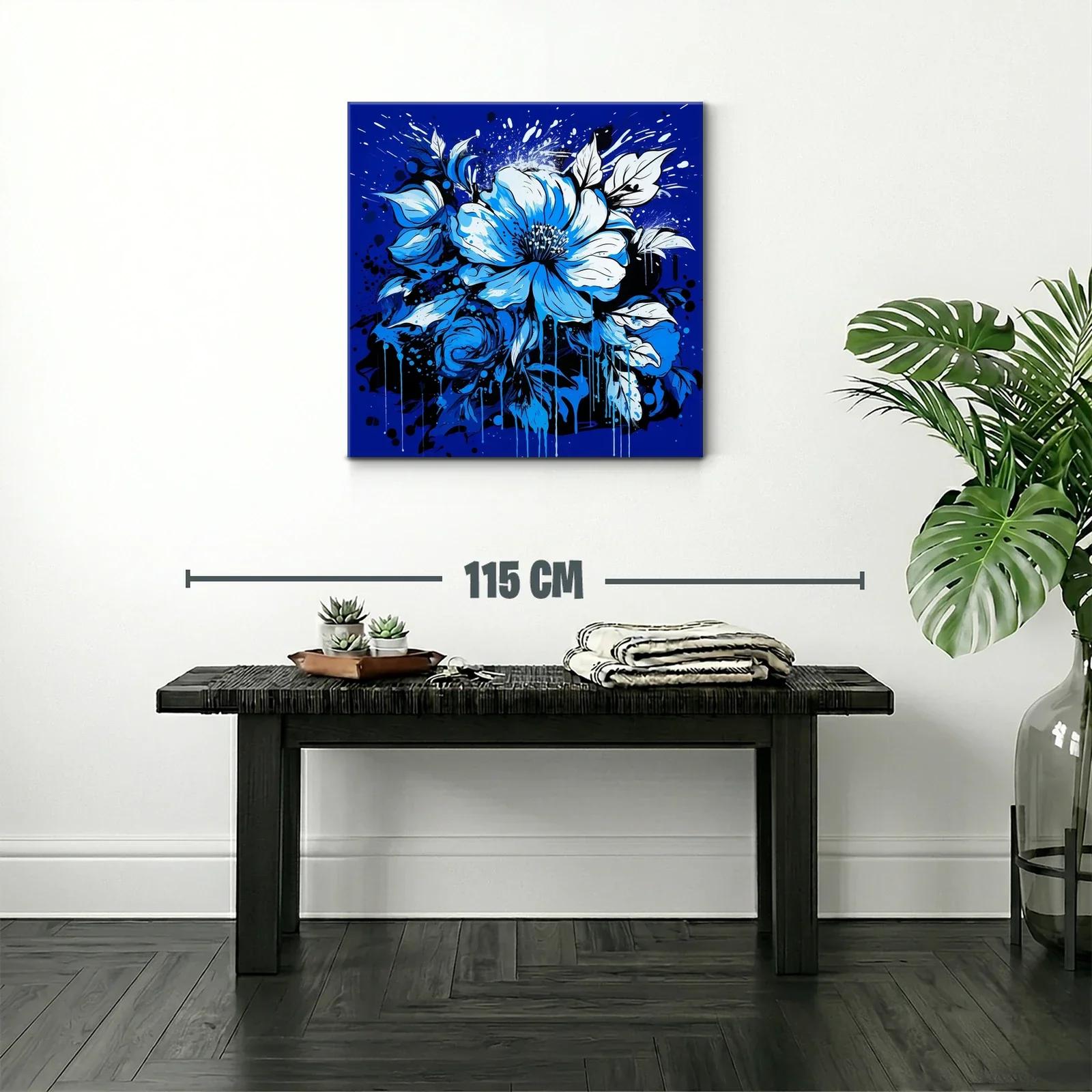 Cuadro floral vibrante en tonos azules intensos y negros — miniatura 2