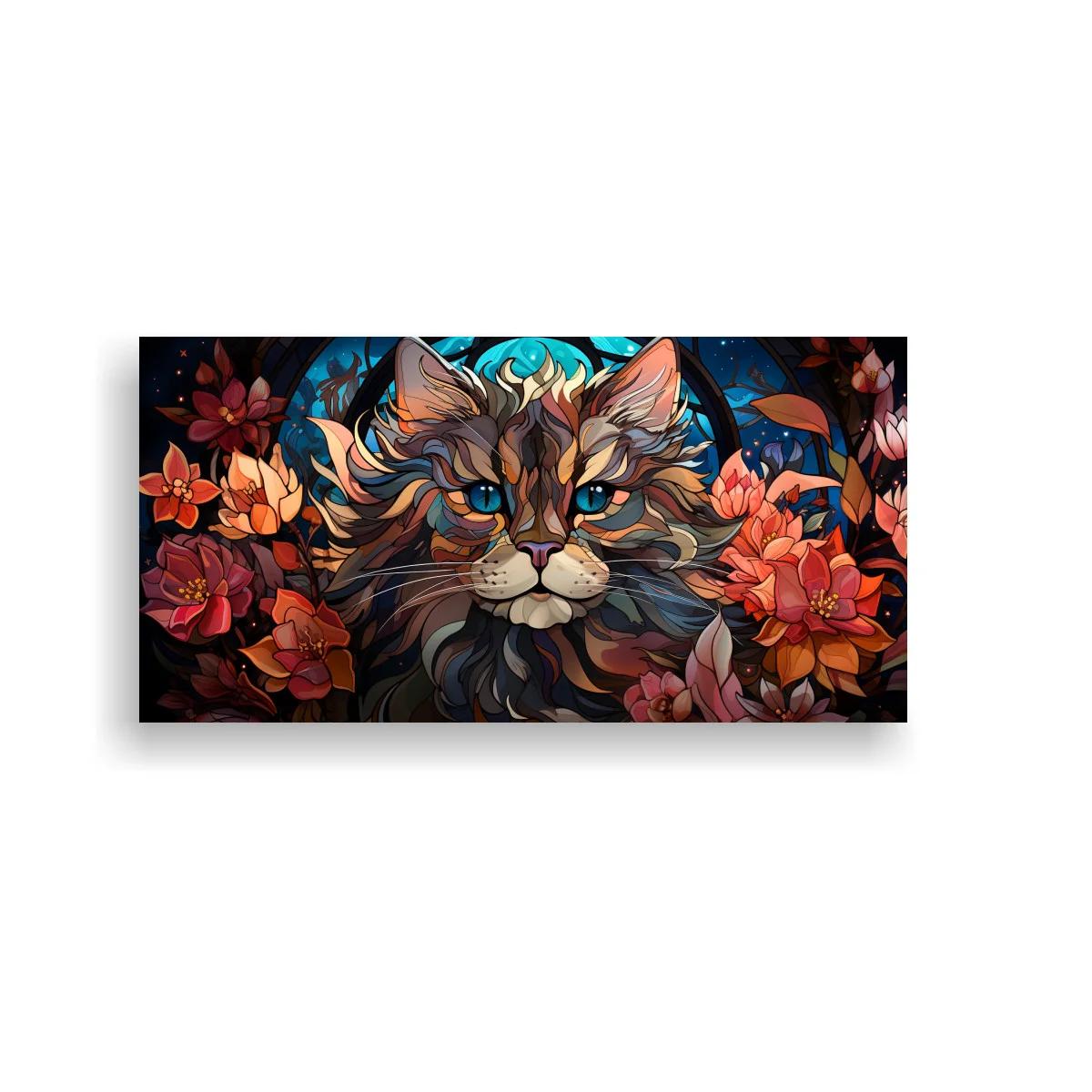 Cuadro gato de pelo largo con flores y follaje