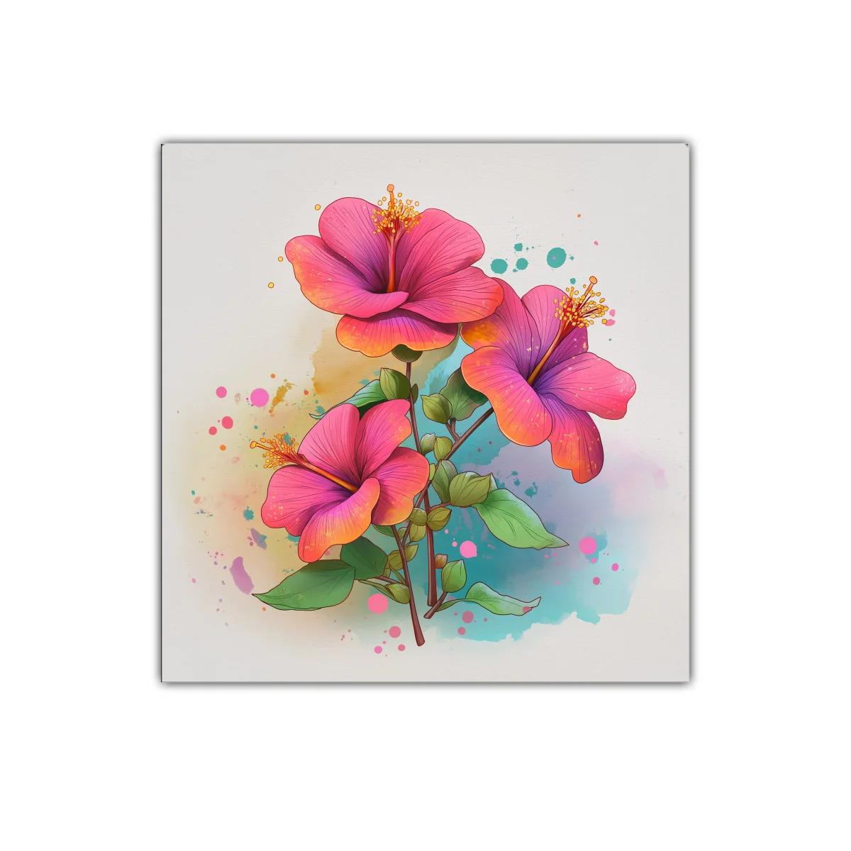 Vibrante cuadro con hibiscos en tonos rosas y naranjas — imagen principal