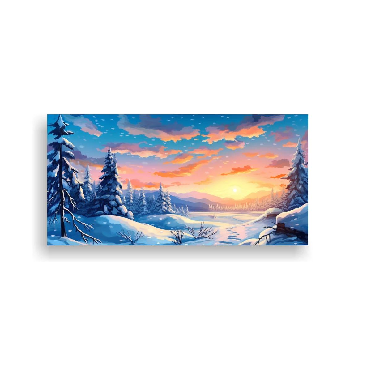 Cuadro paisaje nevado al atardecer con pinos cubiertos de nieve
