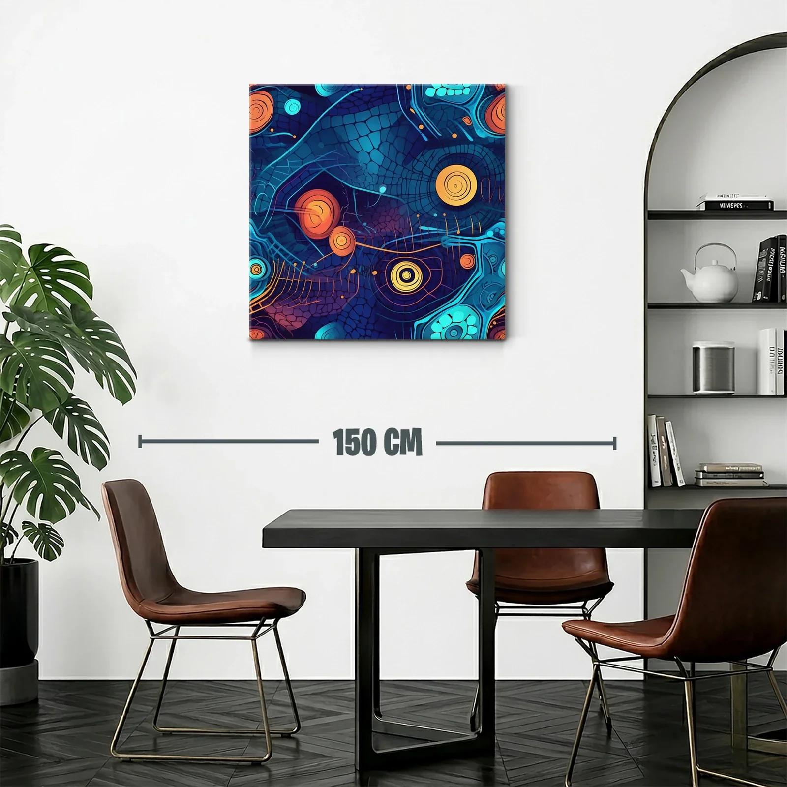 Cuadro abstracto con formas circulares en tonos azules y naranjas — miniatura 2