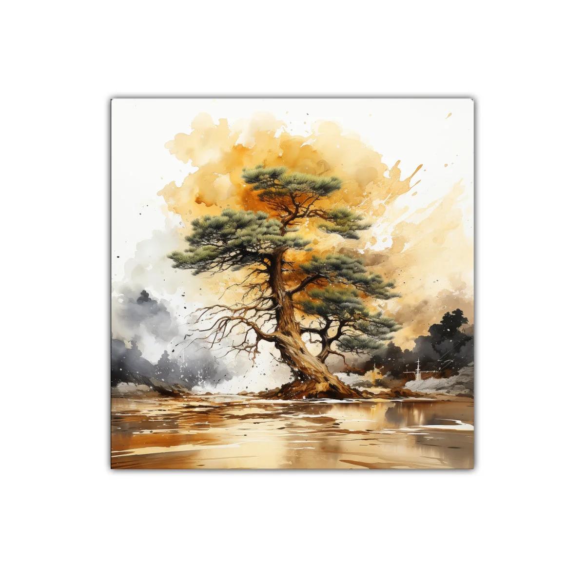 Árbol solitario sobre paisaje al atardecer dorado