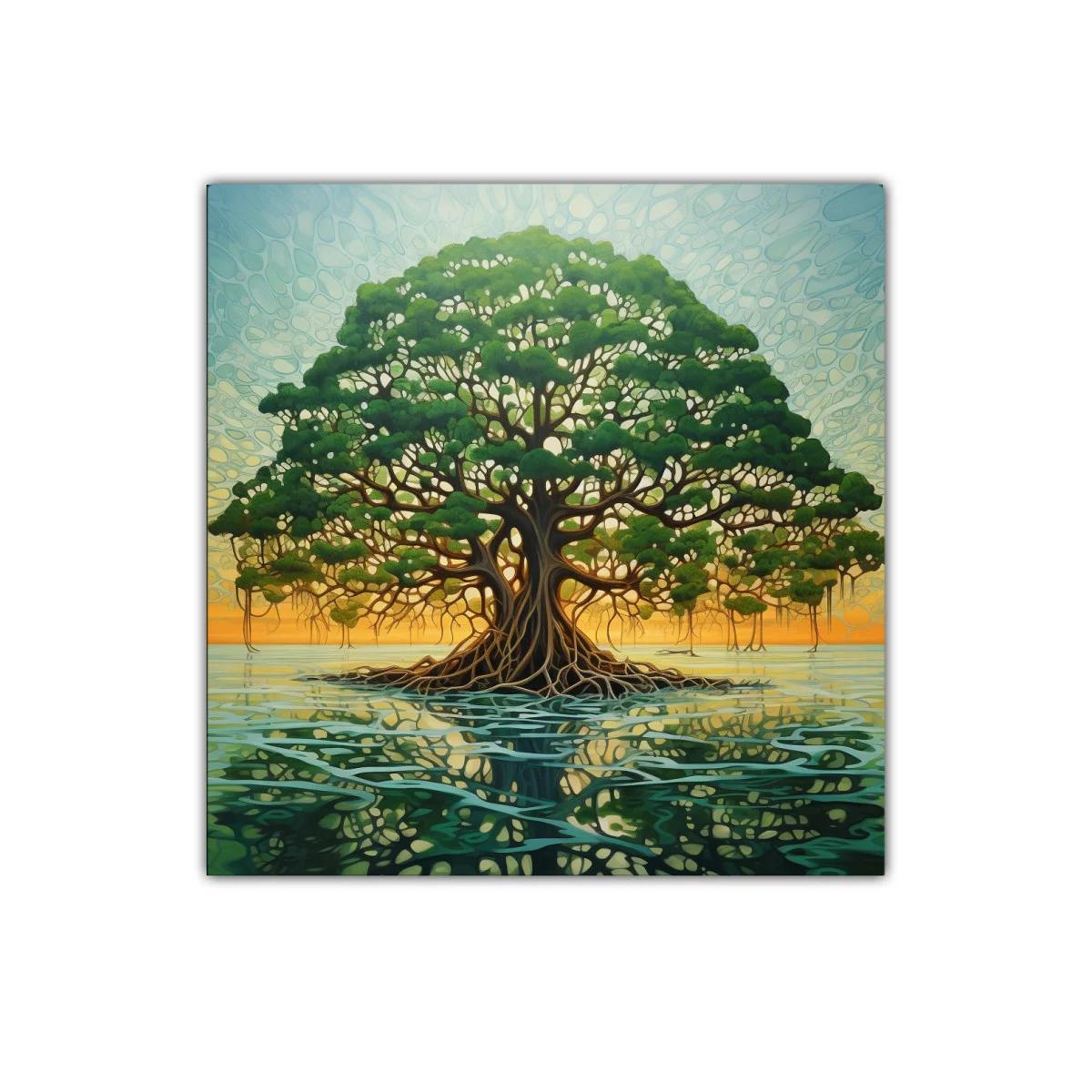 Esplendoroso árbol sobre aguas en luz cálida del atardecer