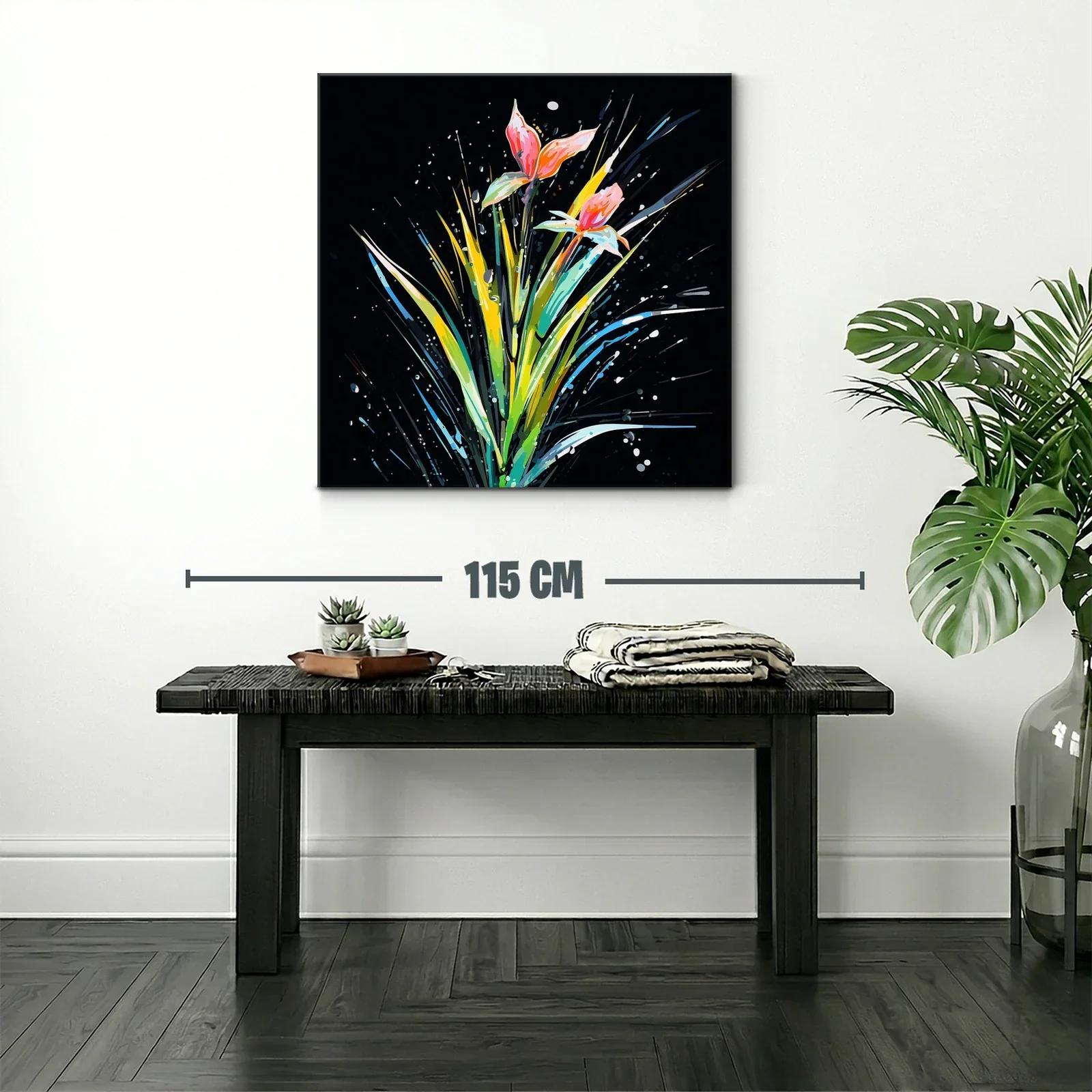 Cuadro moderno con flores vibrantes sobre fondo oscuro — miniatura 2