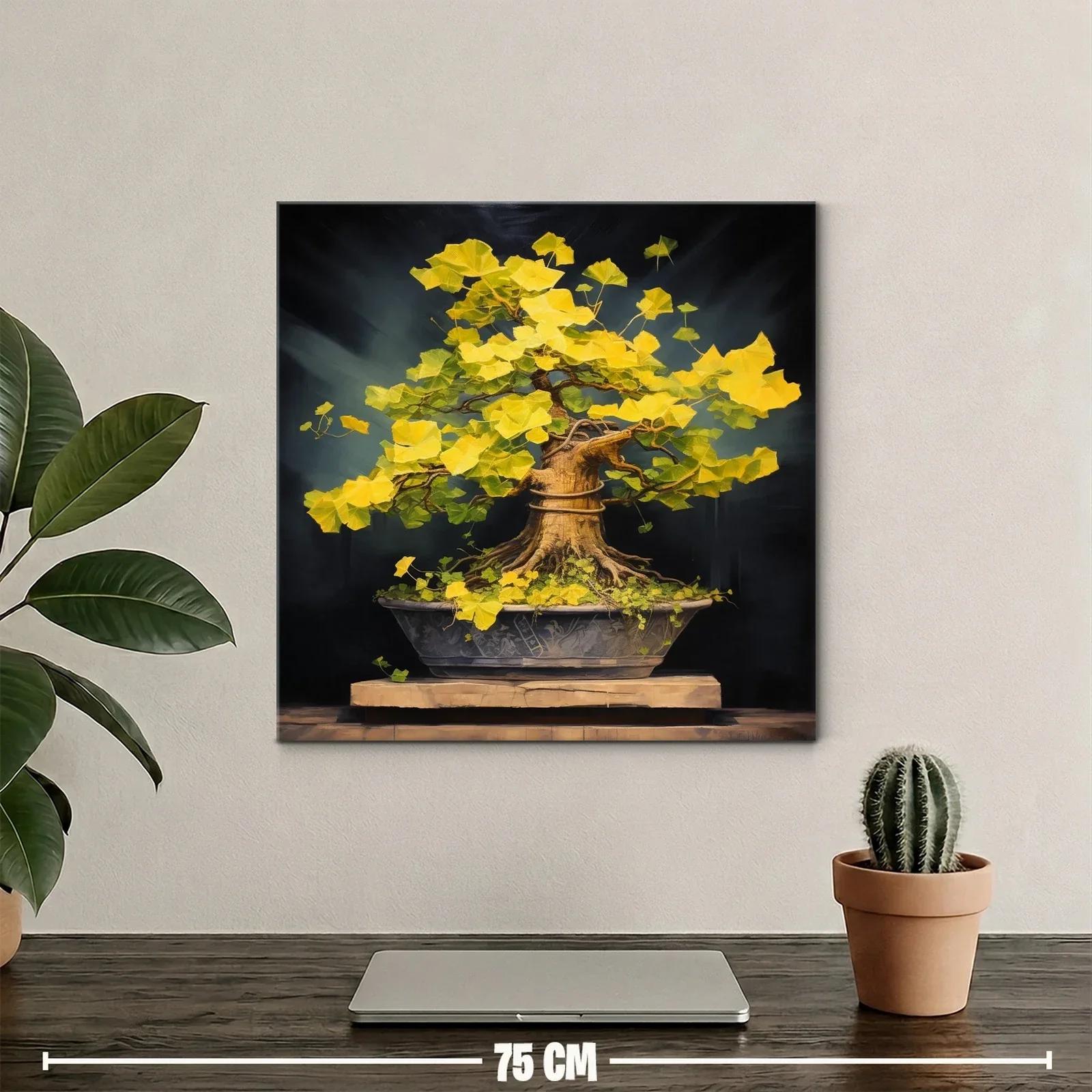Bonsái de hojas doradas con fondo oscuro vibrante — miniatura 2