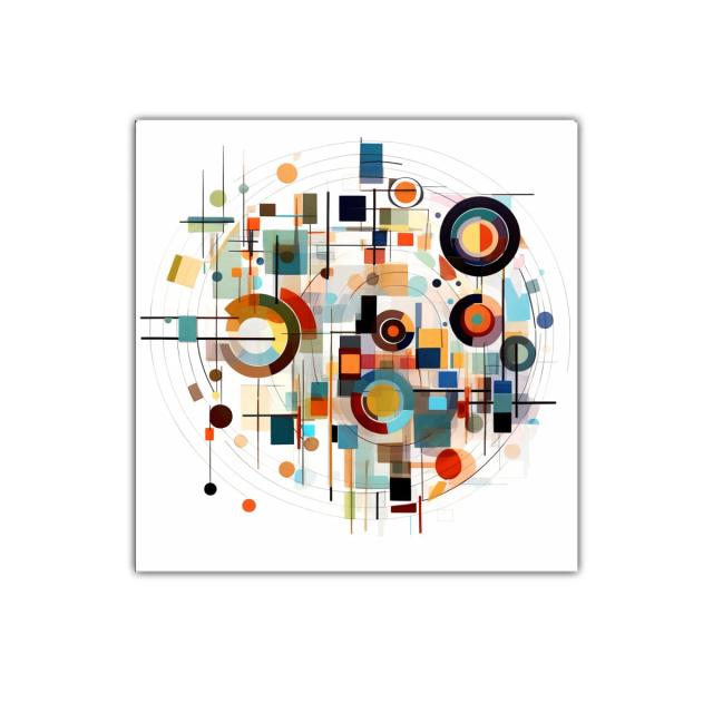 Composición geométrica colorida con círculos y líneas entrelazadas