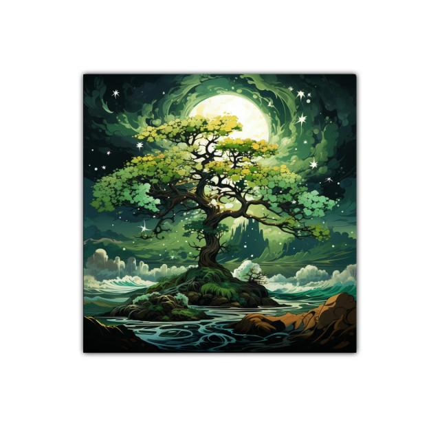 Árbol mágico con luna brillante en paisaje onírico