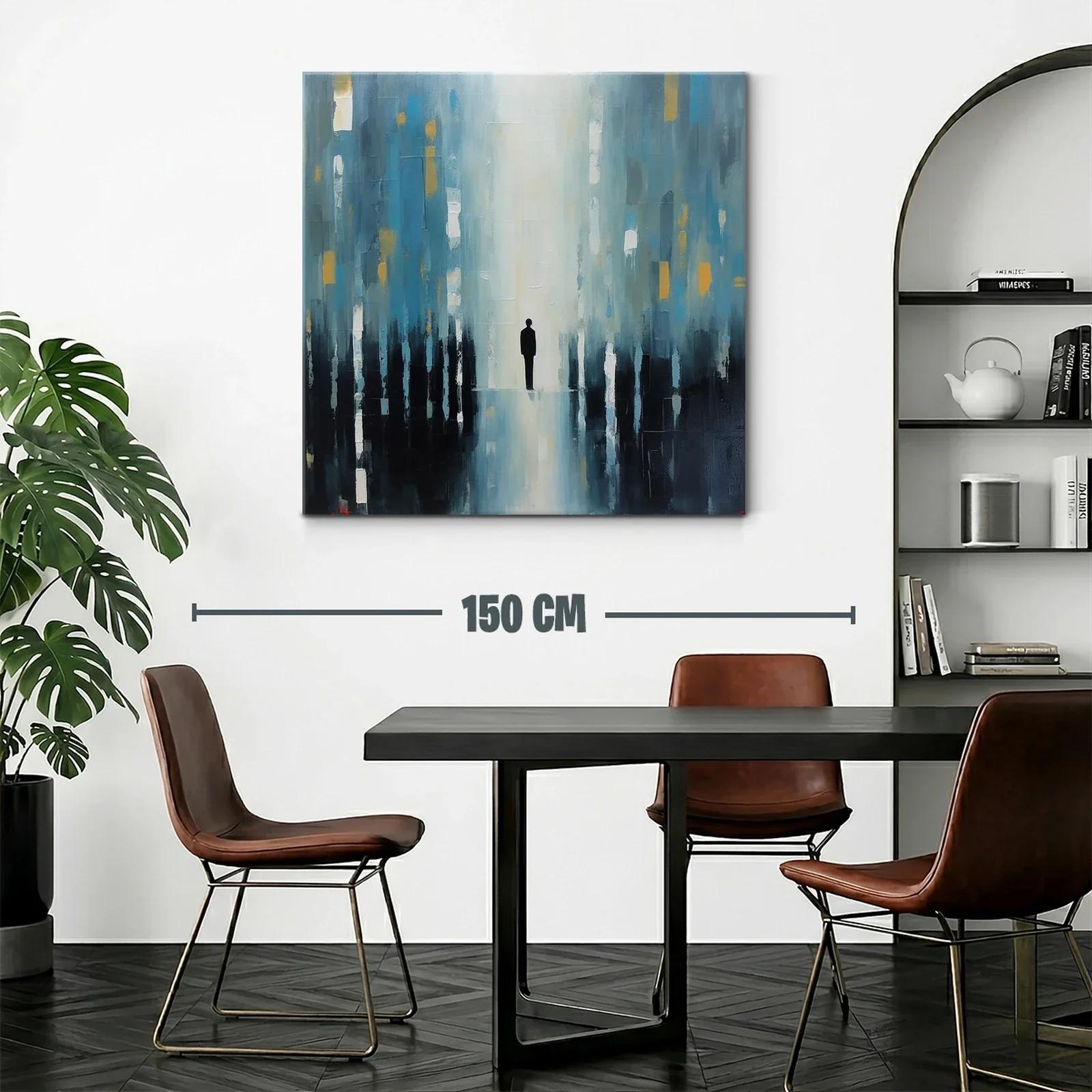 Cuadro abstracto figura solitaria en tonos azules y dorados — miniatura 2