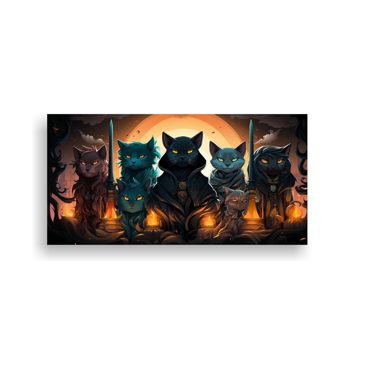 Cuadro grupo de gatos negros con luna luminosa