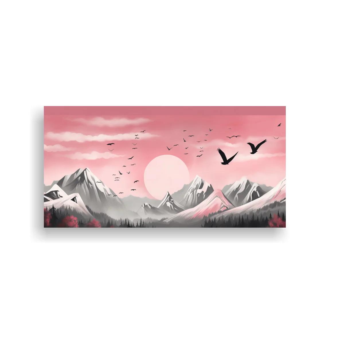 Cuadro paisaje de montaña con sol y aves cruzando el cielo