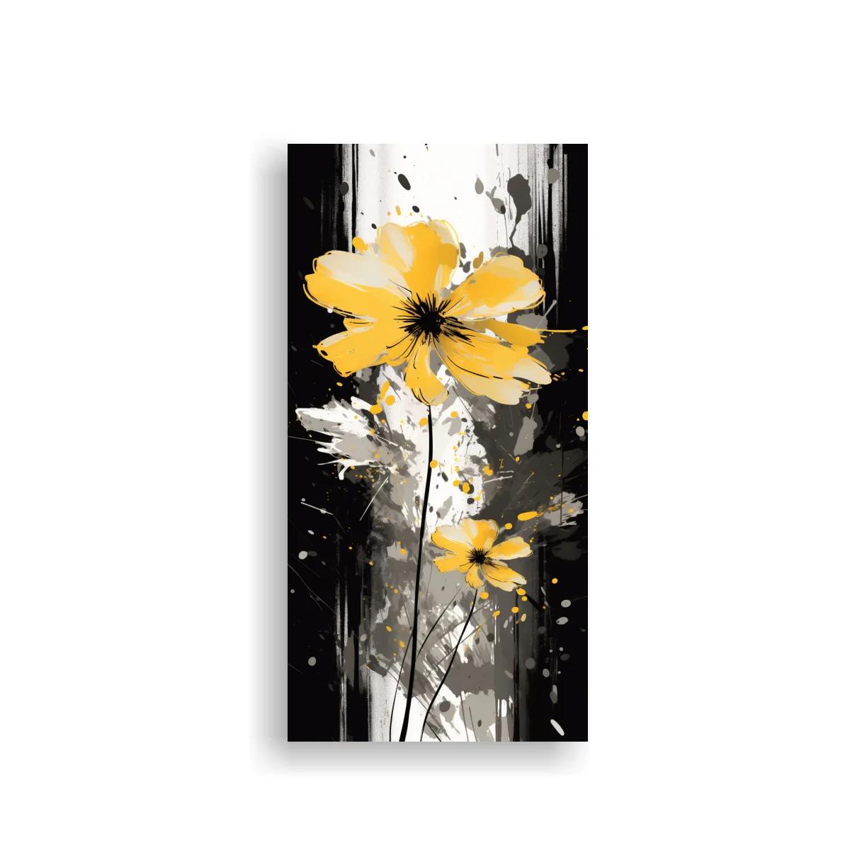 Cuadro flor amarilla con salpicaduras y fondo oscuro — imagen principal