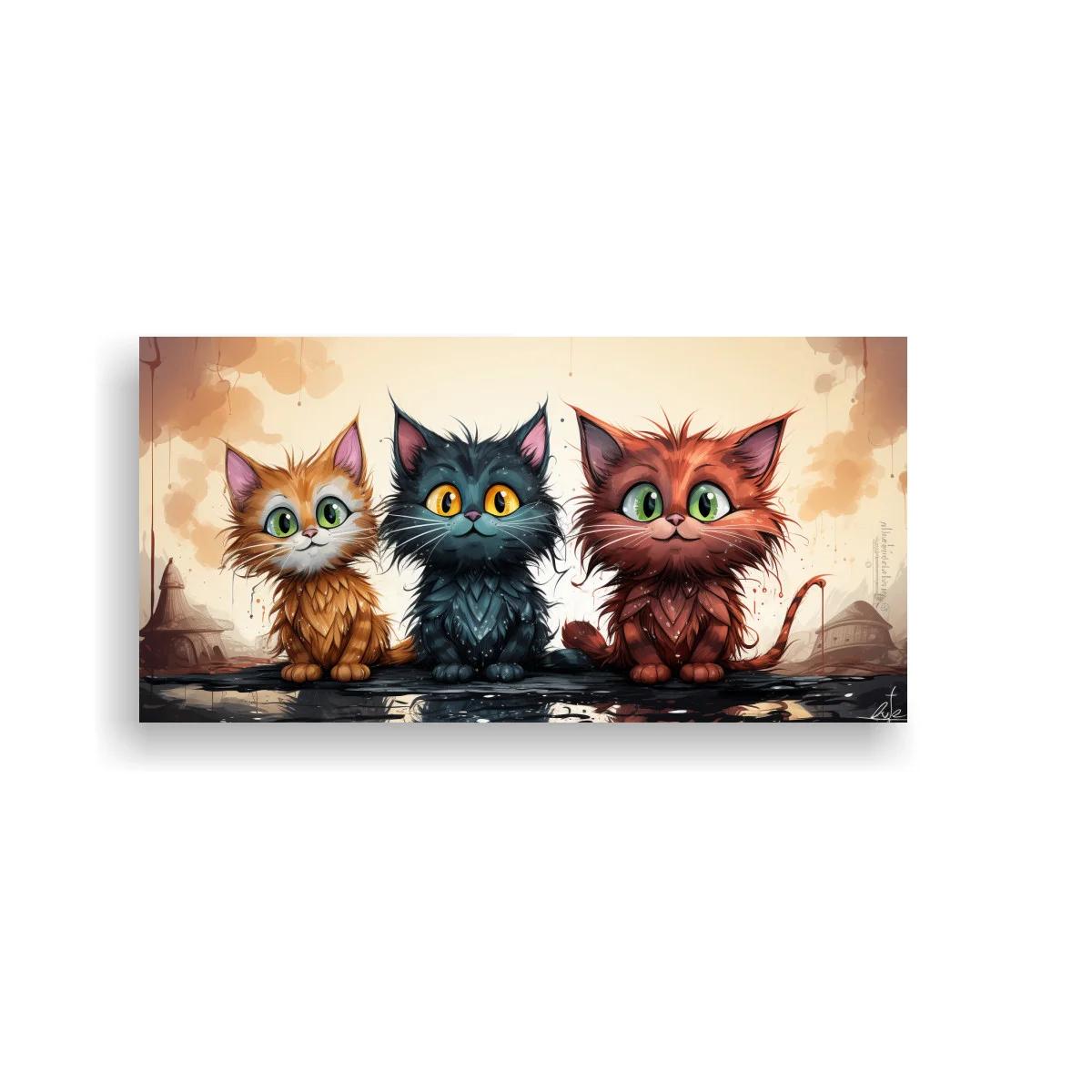 Cuadro tres gatitos peludos junto a un charco con acuarela urbana